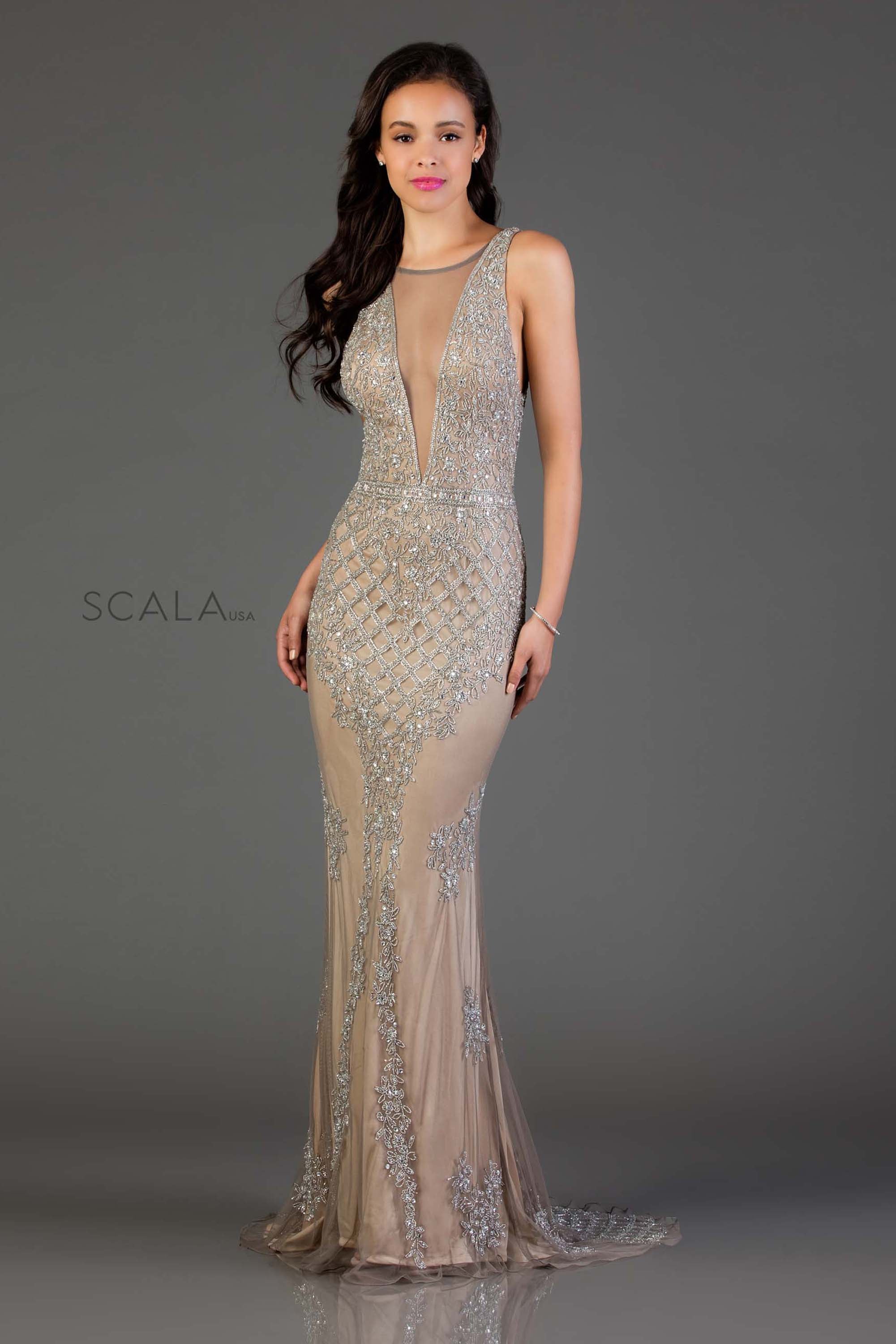 SCALA -48787 Sheath Deep Plunging Applique Dress