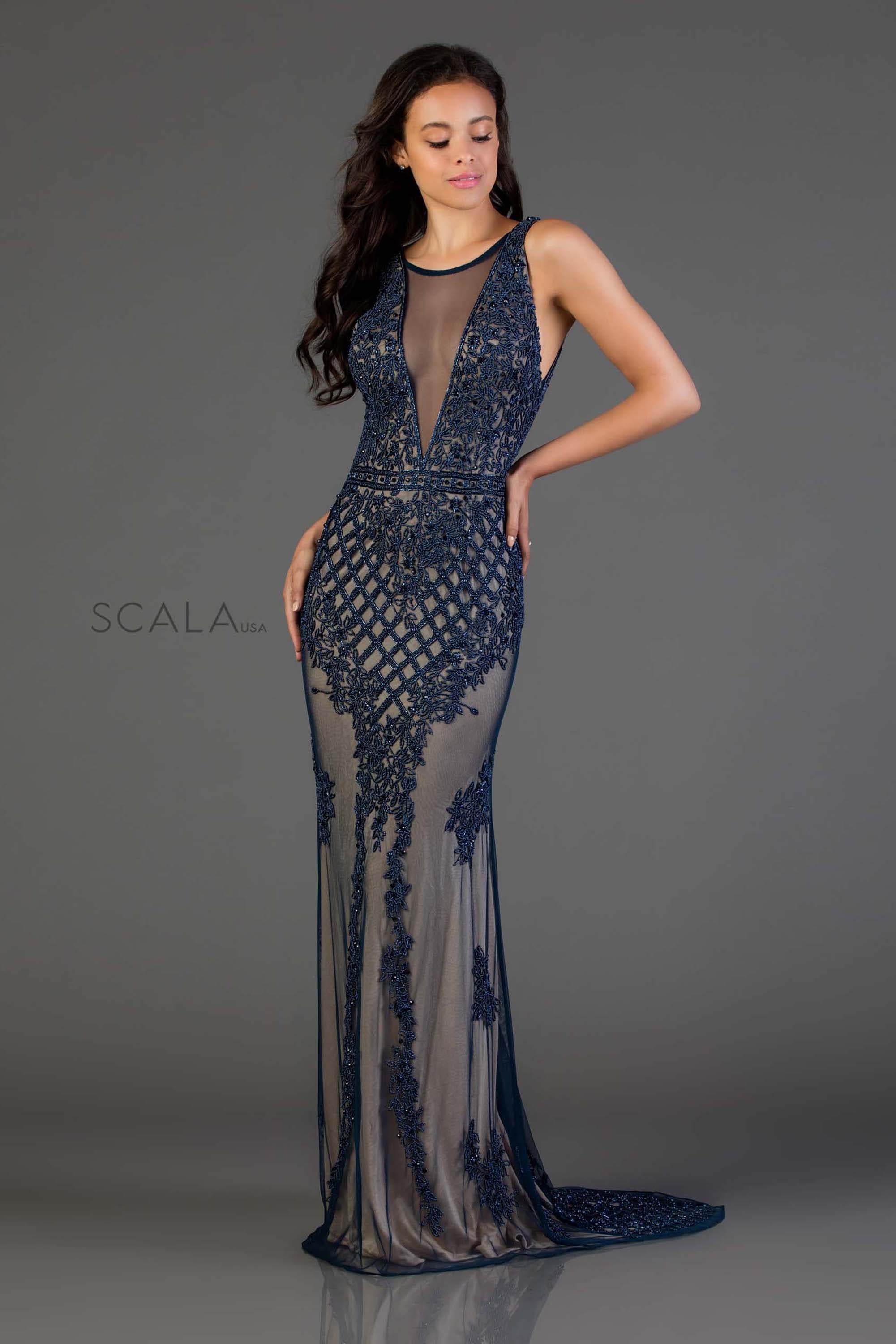 SCALA -48787 Sheath Deep Plunging Applique Dress