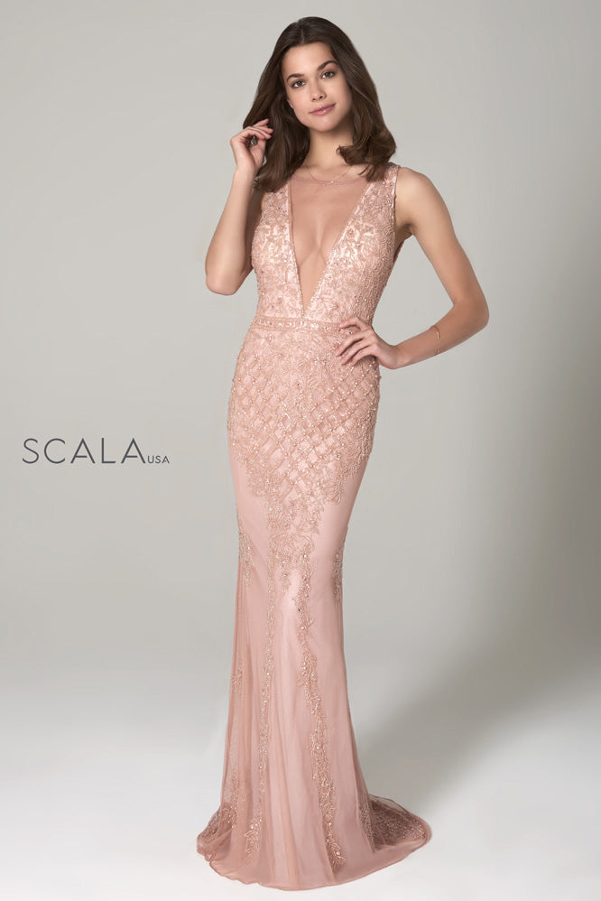 SCALA -48787 Sheath Deep Plunging Applique Dress