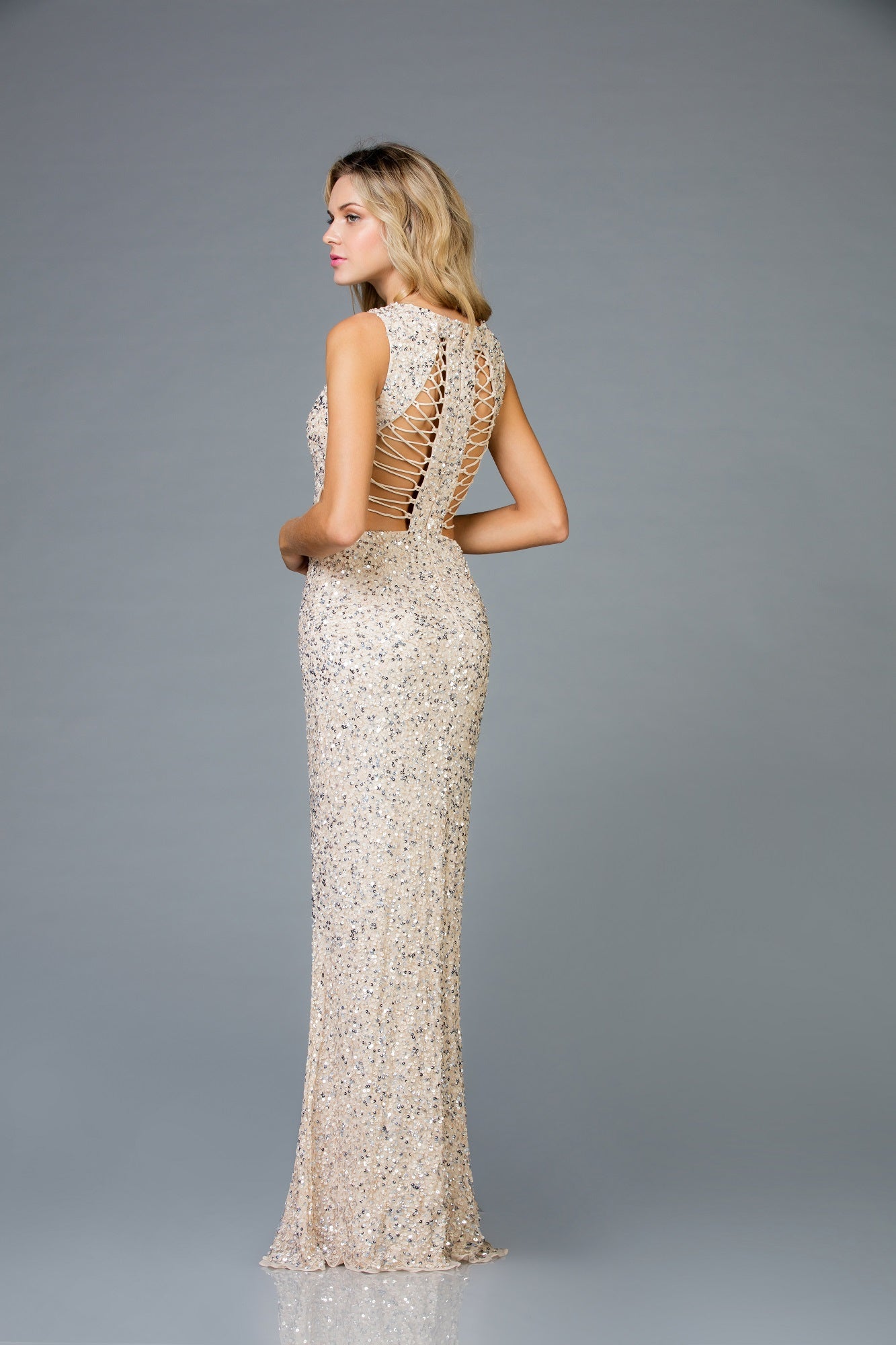 SCALA -48962 Long Sequin V-Neck Dress