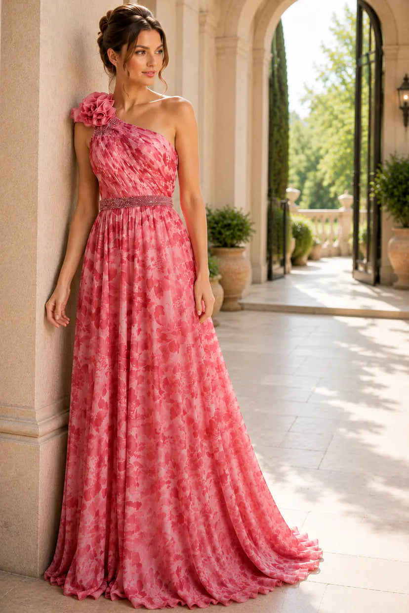 Jovani -49018 One Shoulder Floral Chiffon Dress