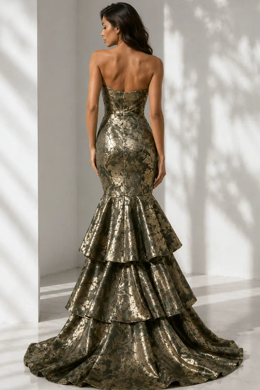 Jovani -49031B Floral Brocade Tiered Mermaid Gown