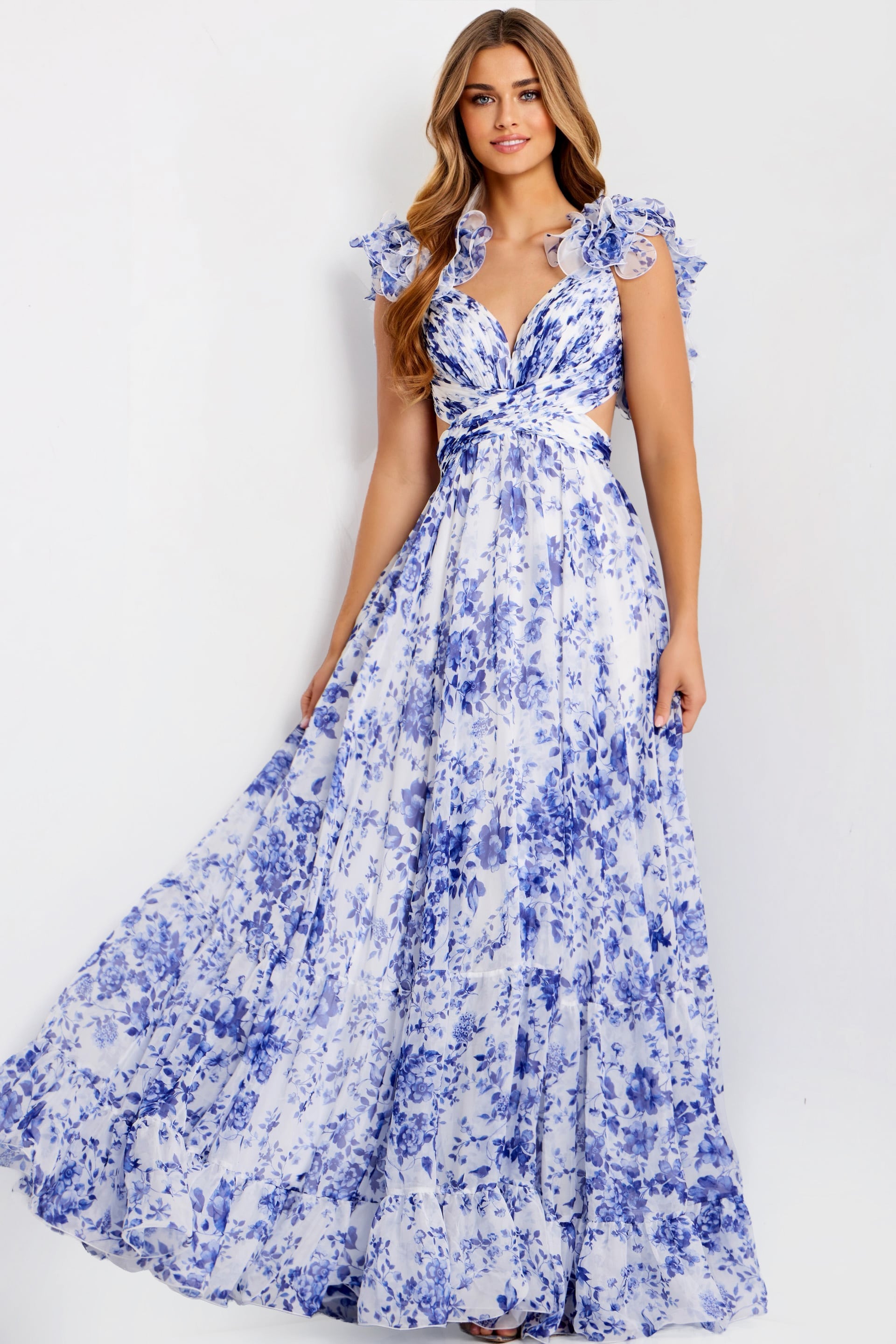 Jovani -49143 Ruffle Sleeve Floral A-Line Gown