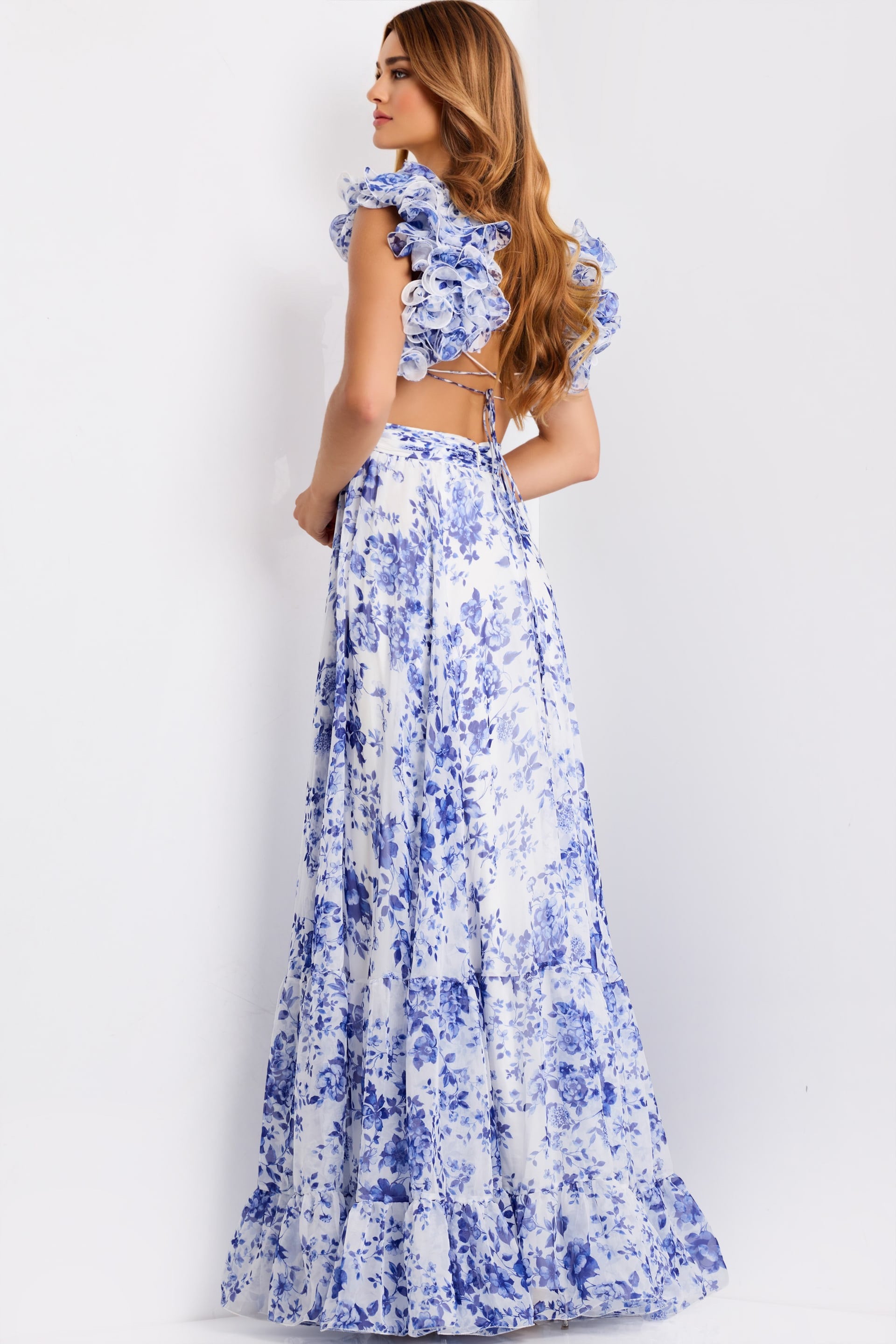 Jovani -49143 Ruffle Sleeve Floral A-Line Gown