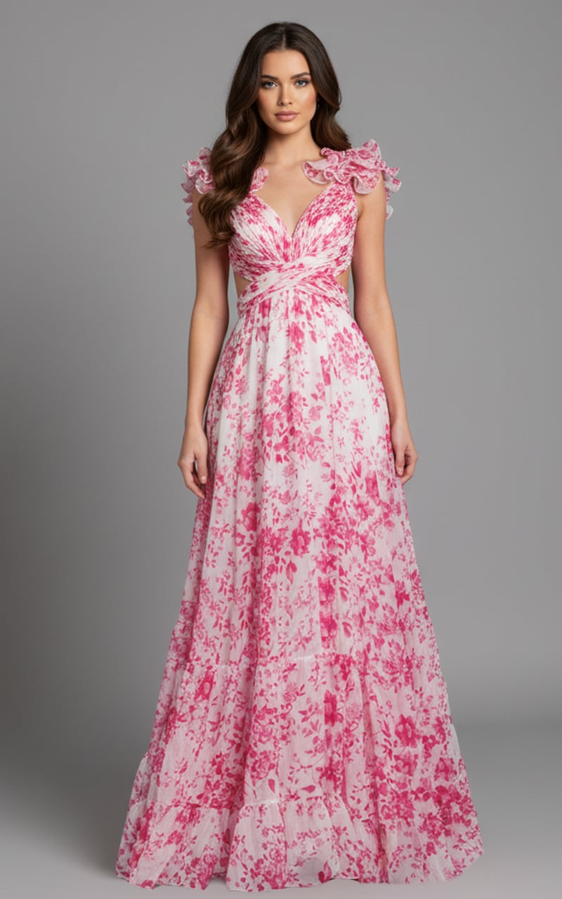 Jovani -49143 Ruffle Sleeve Floral A-Line Gown