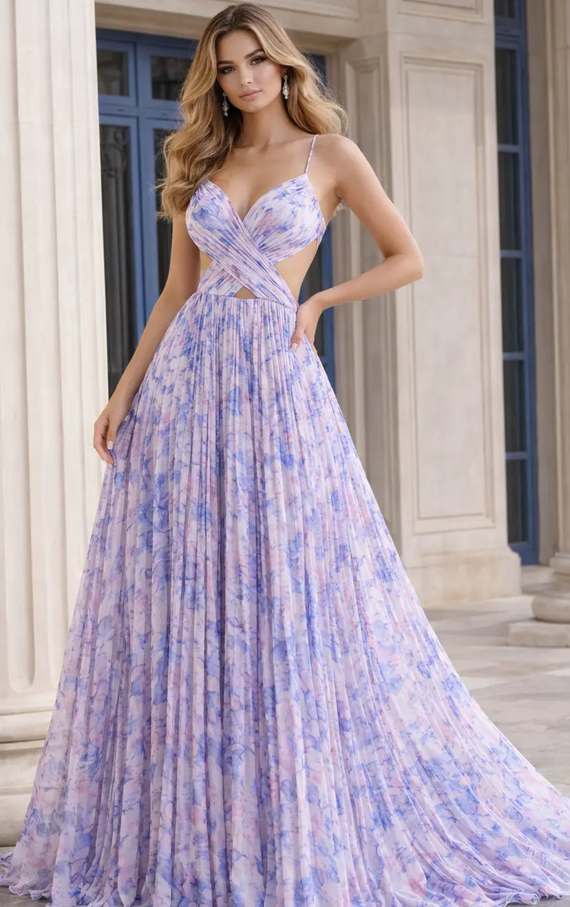 Jovani -49161 Chiffon V-Neck A-Line Printed Dress