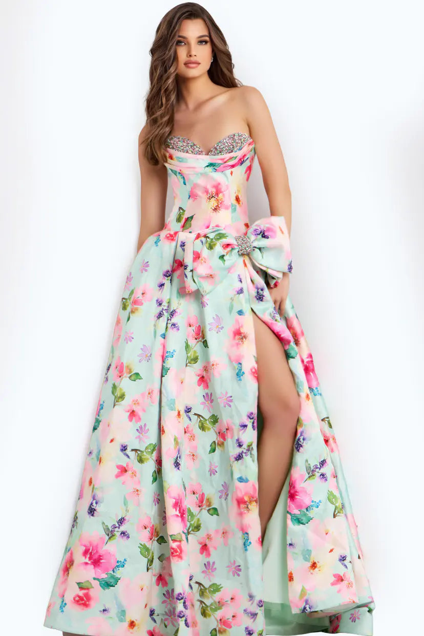 Jovani -49197B Strapless Sweetheart Floral Print A-line Dress