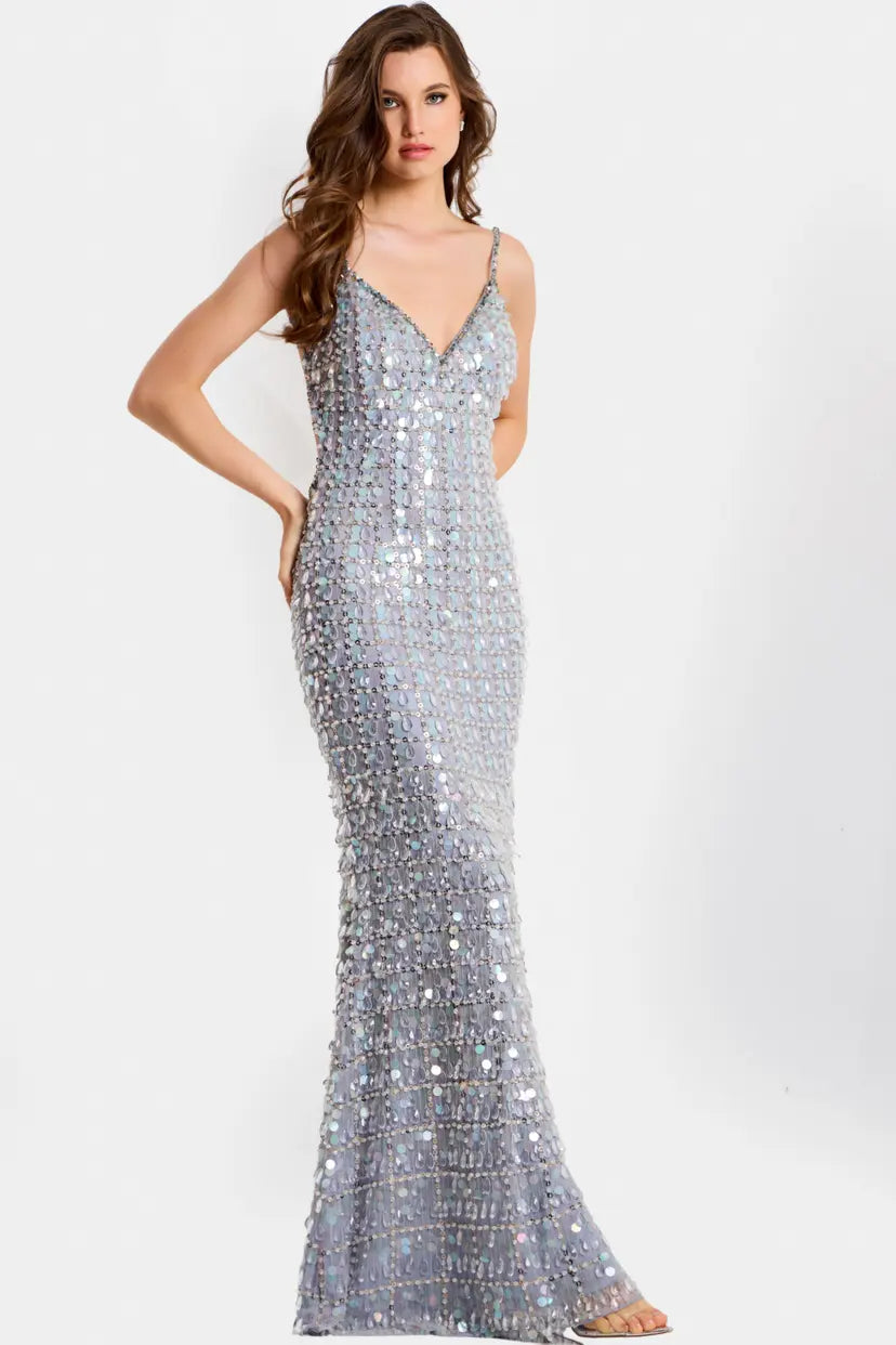 Jovani -49225B Long Sequin Deep V-Neck Sheath Evening Gown