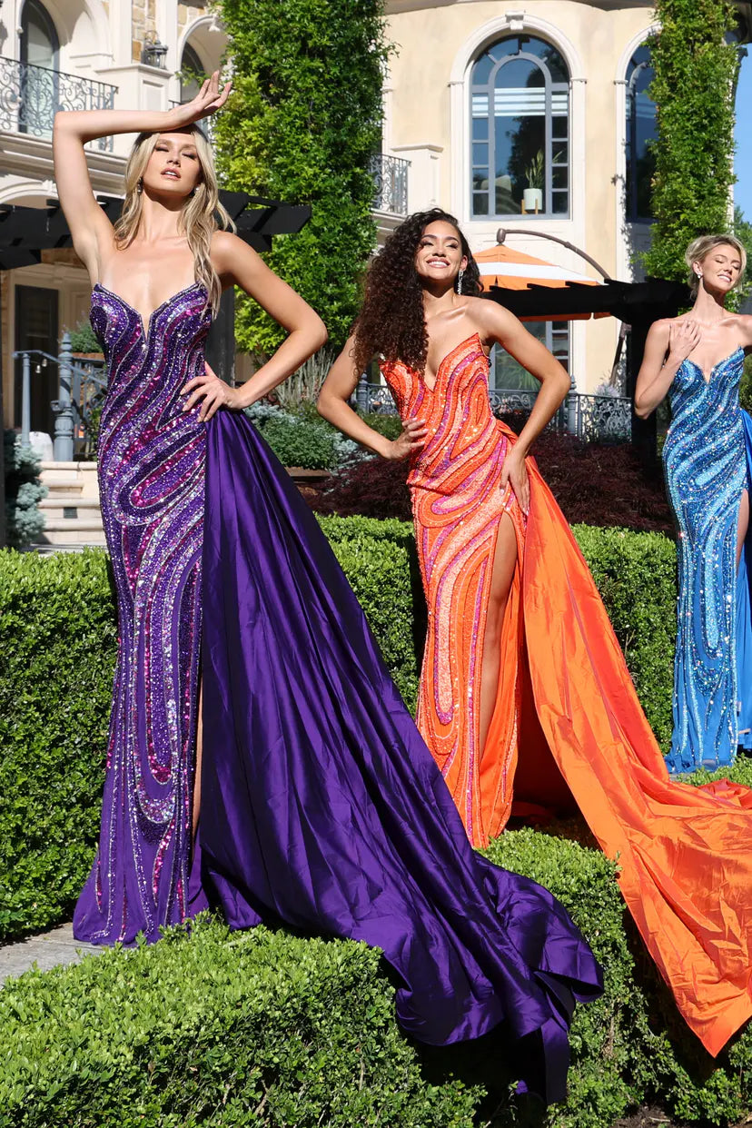Jovani -49226 Satin Deep V-Neck Strapless Sequin Gown