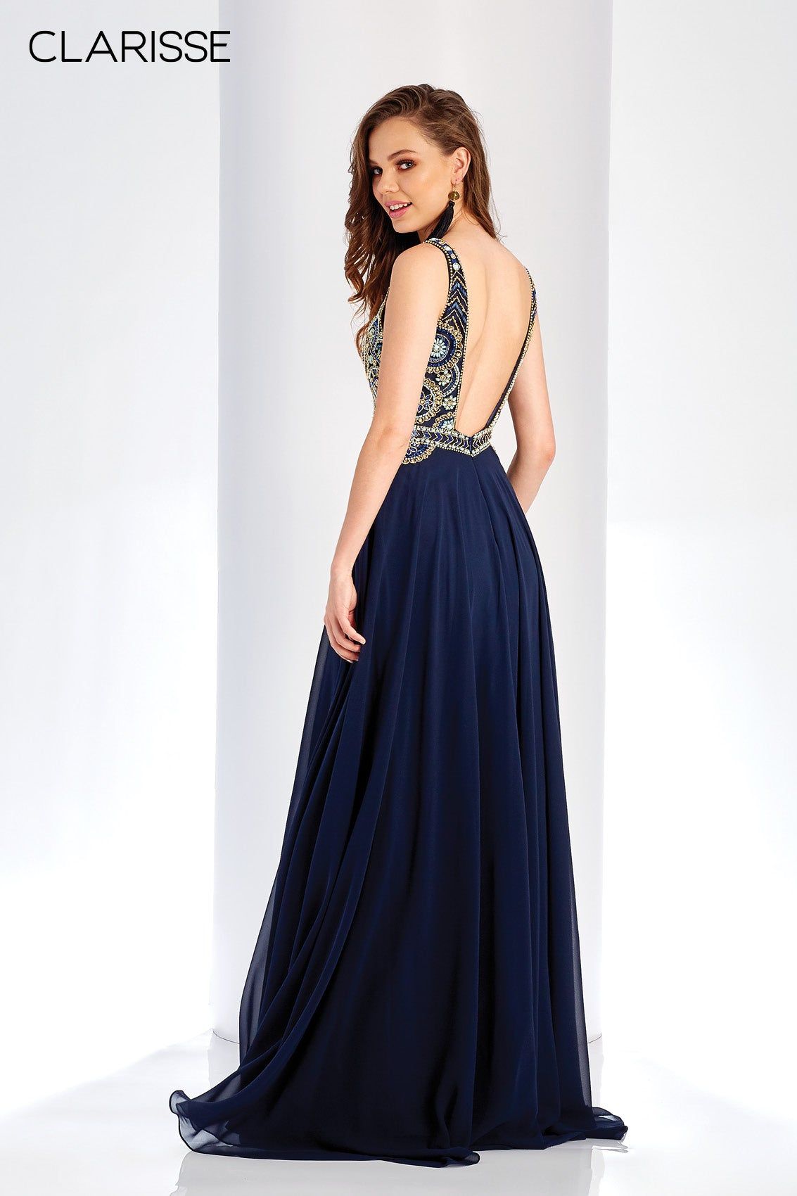 Clarisse -4924 Chiffon Deep V-Neck Beaded Gown