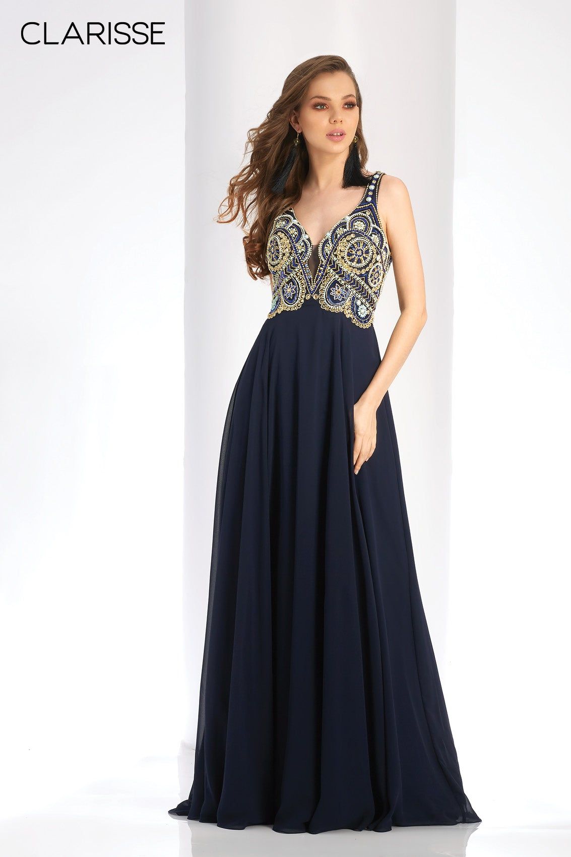 Clarisse -4924 Chiffon Deep V-Neck Beaded Gown