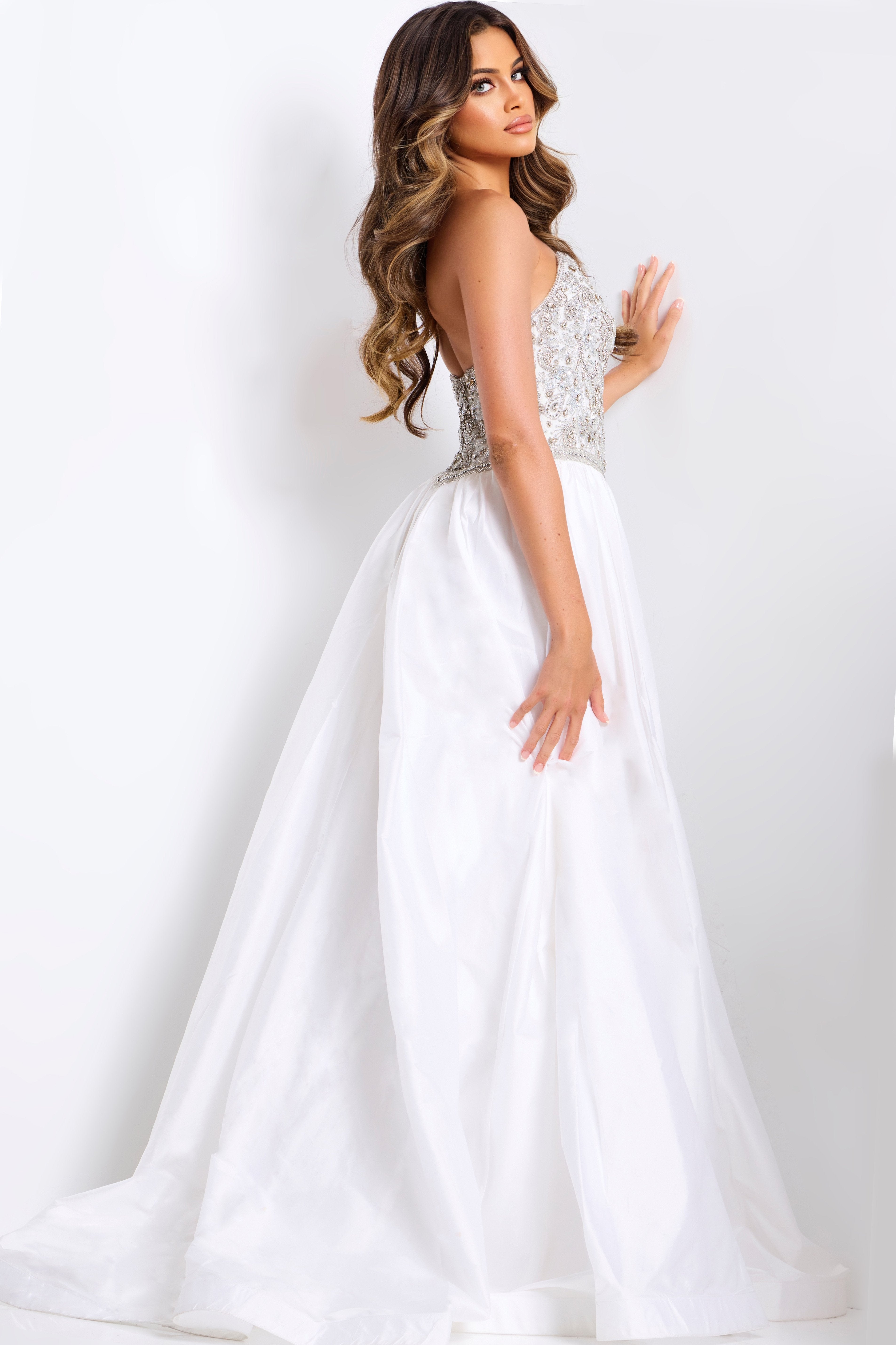 Jovani -49247 Beaded Mesh Deep V-Neck A-Line Gown