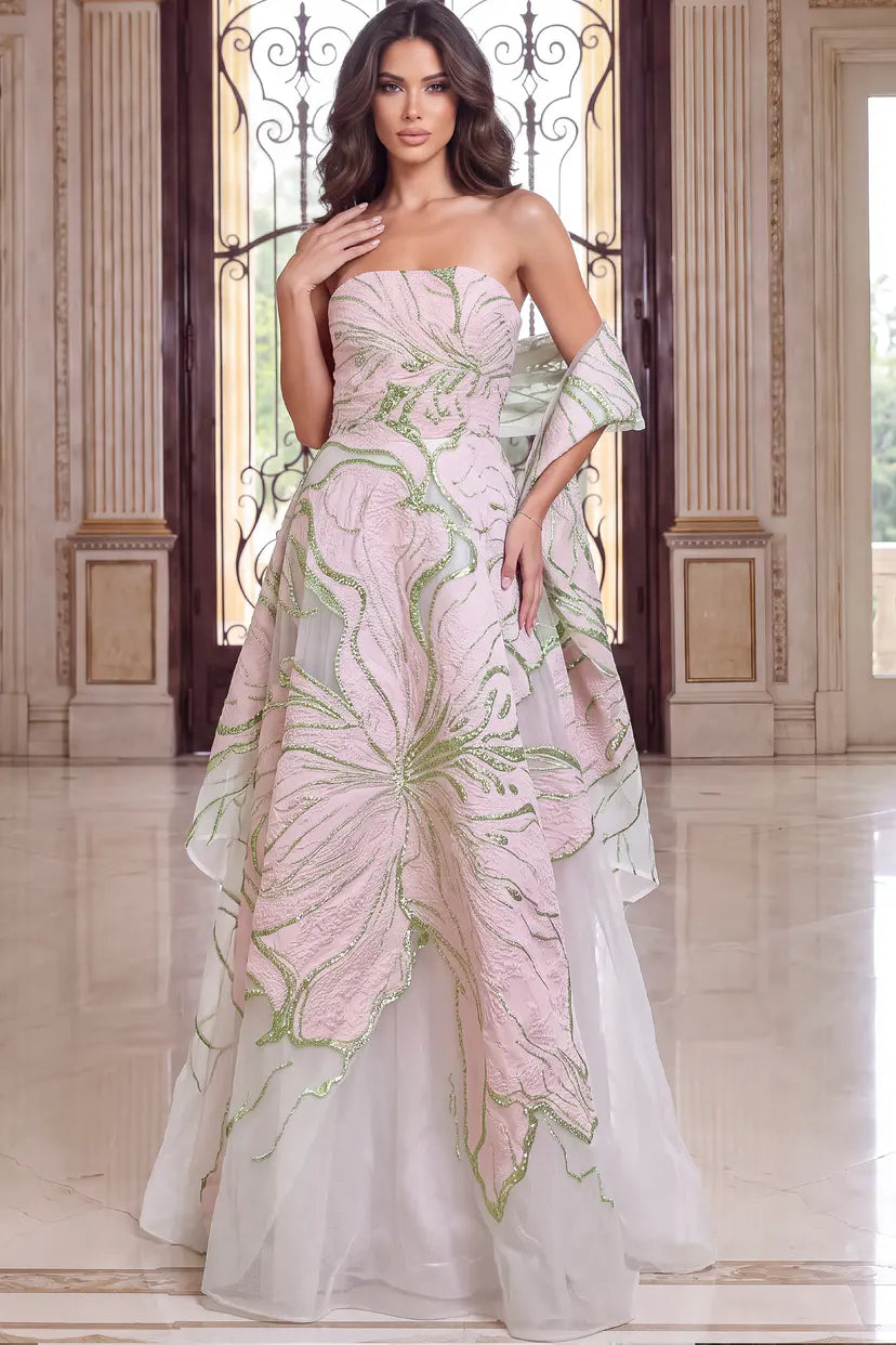 Jovani -49343 Strapless Floral Applique Ball Gown