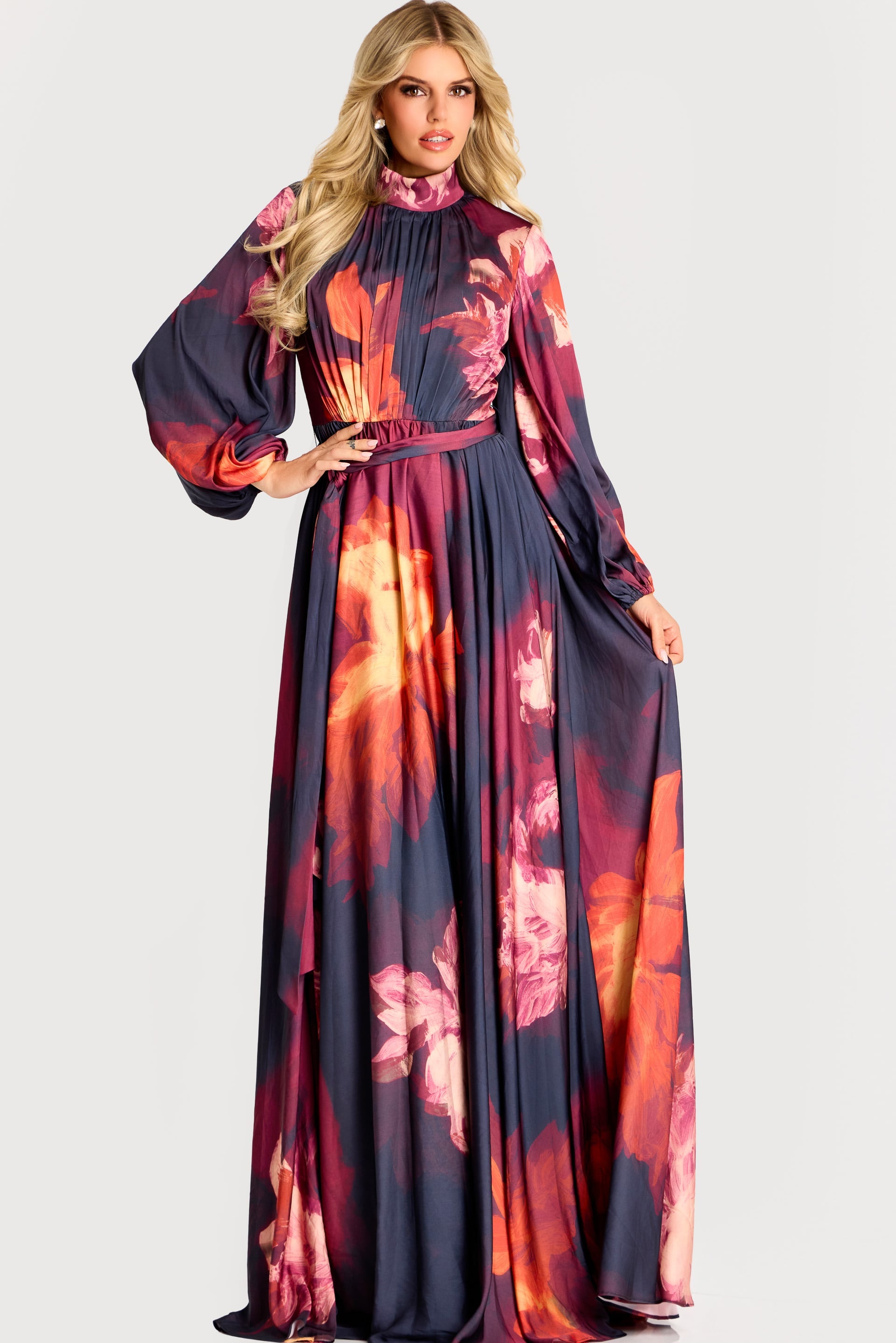 Jovani -49464 Floral Chiffon High Neck Evening Gown