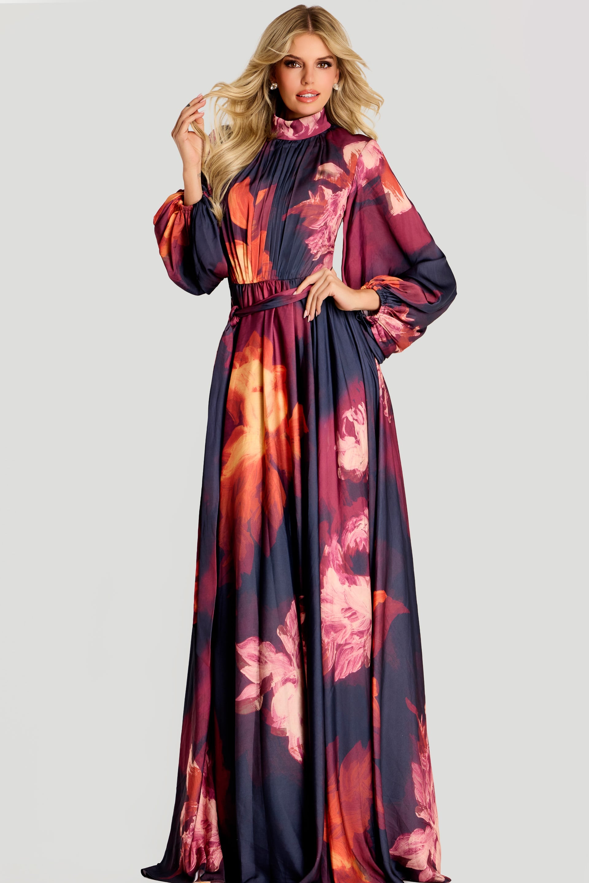 Jovani -49464 Floral Chiffon High Neck Evening Gown