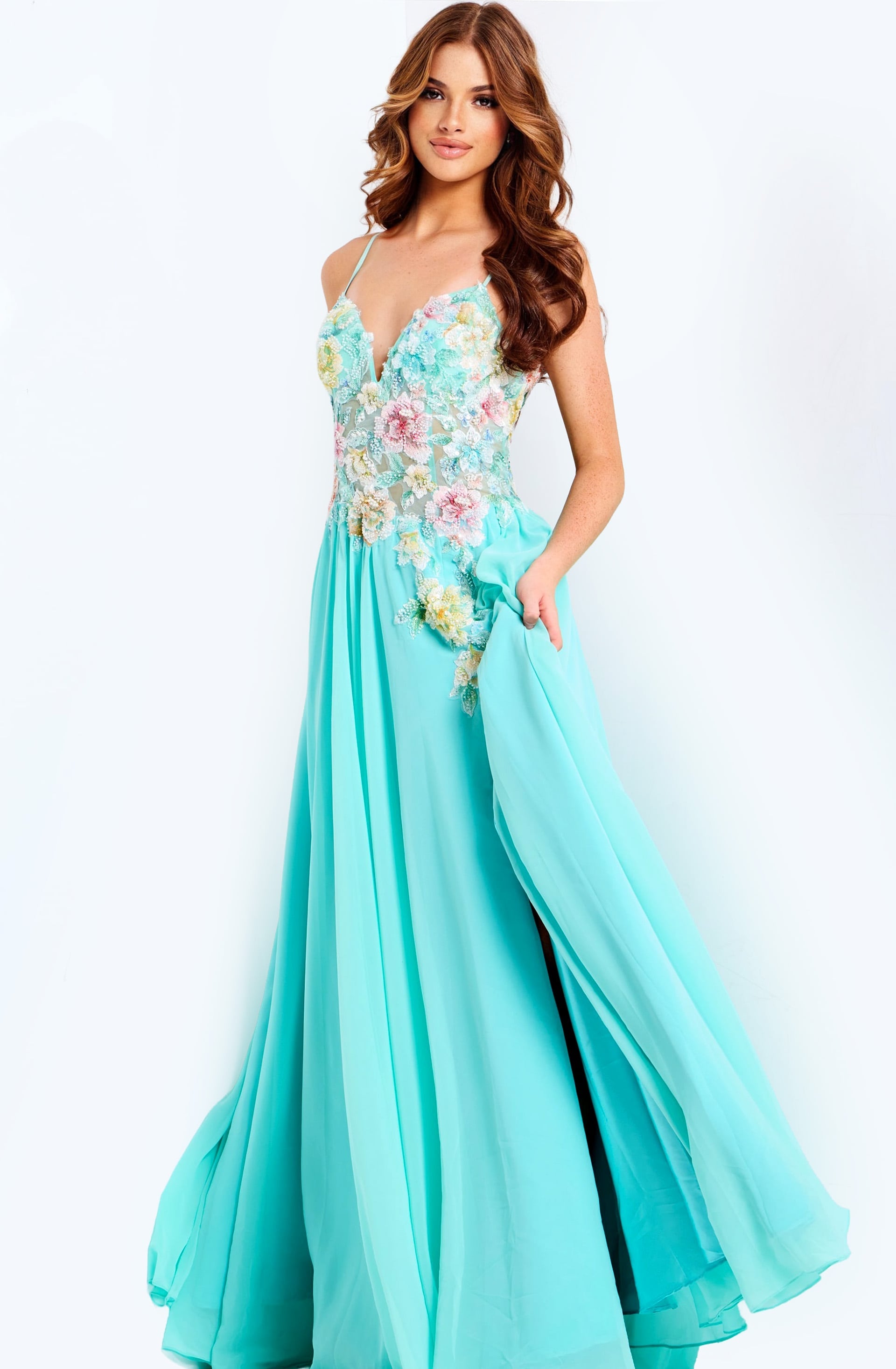 Jovani -49633 Floral Applique Corset Chiffon A-Line Dress