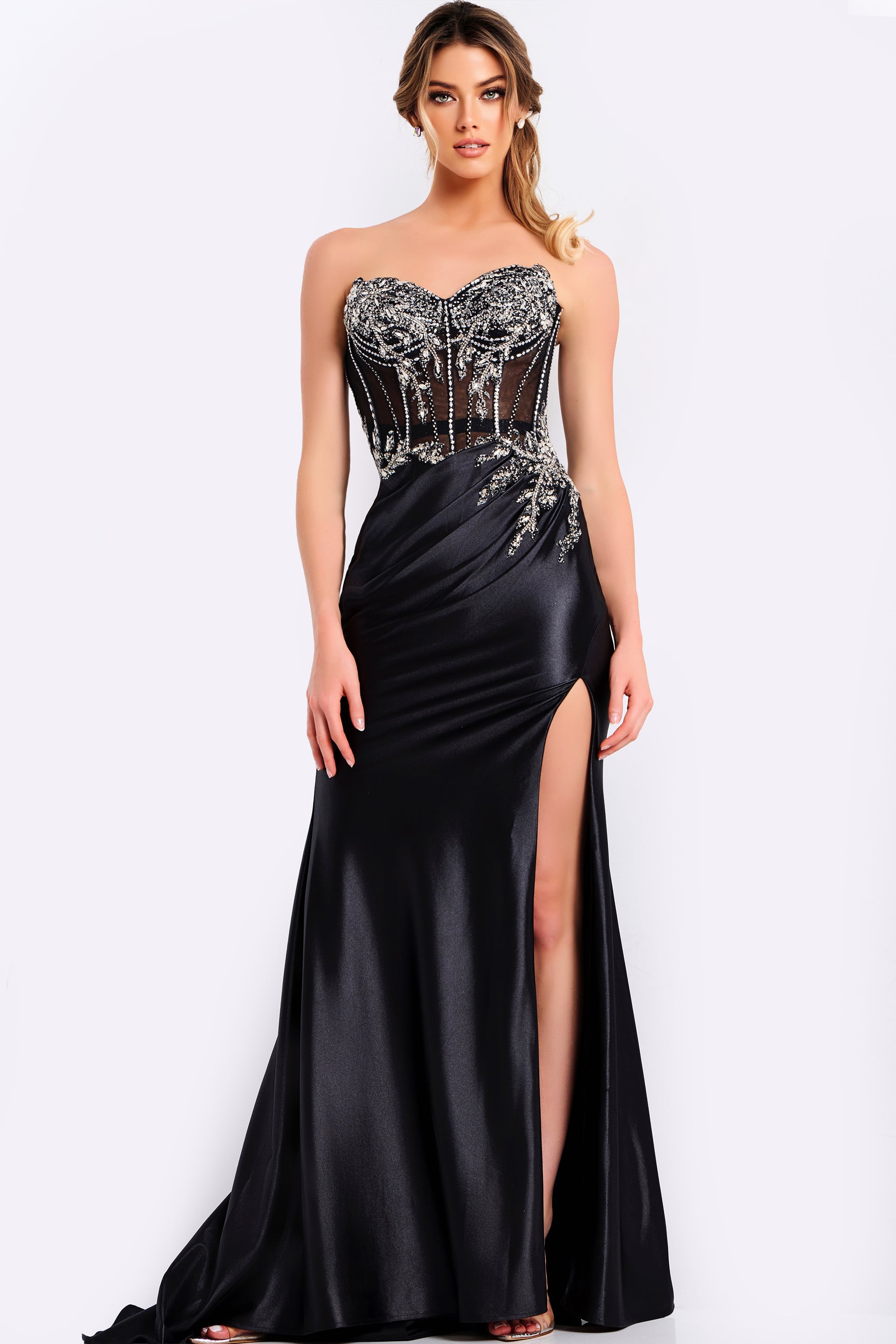 Jovani -49720 Beaded Strapless Column High Slit Dress
