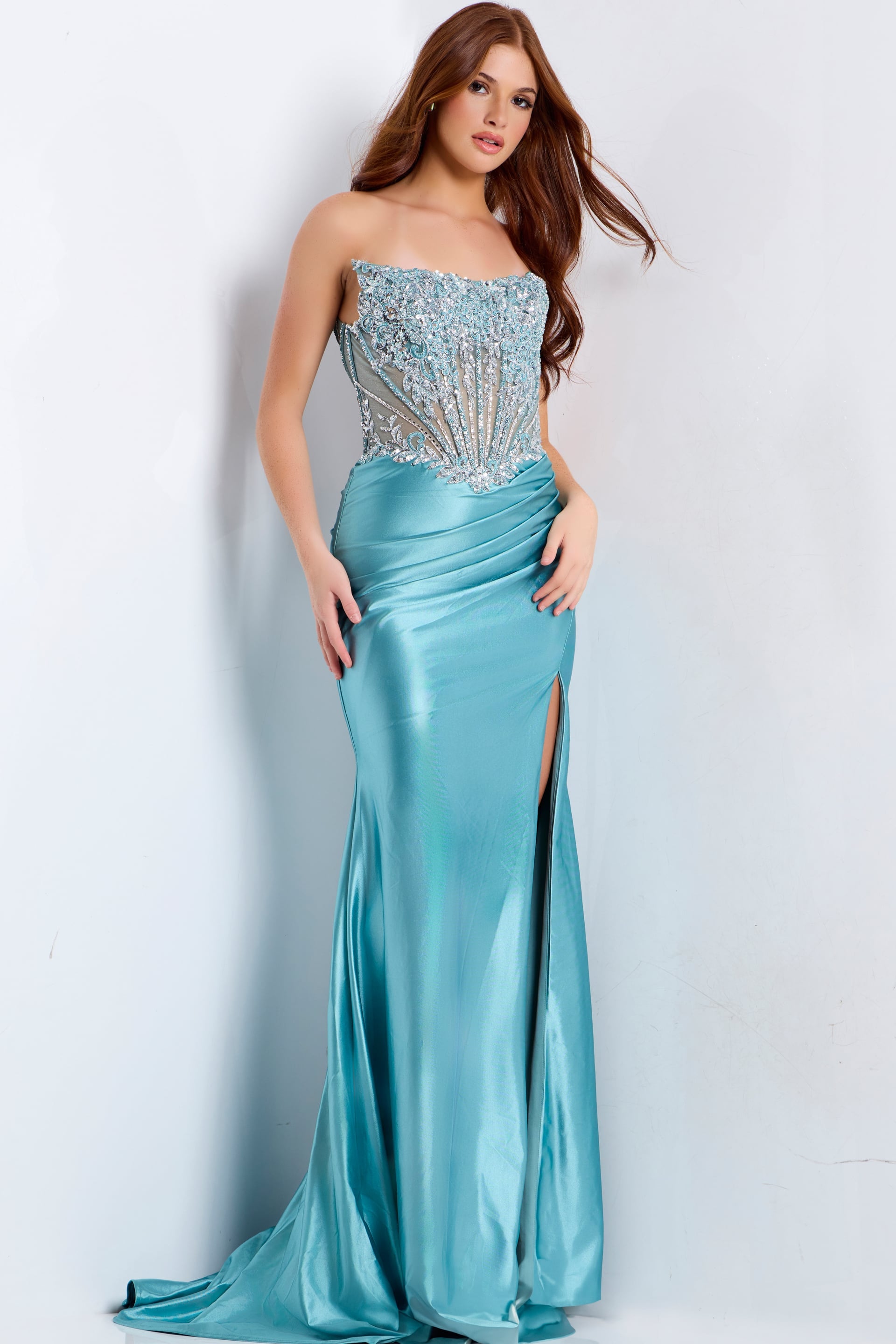 Jovani -49721 Beaded Illusion Corset Sheath Long Dress