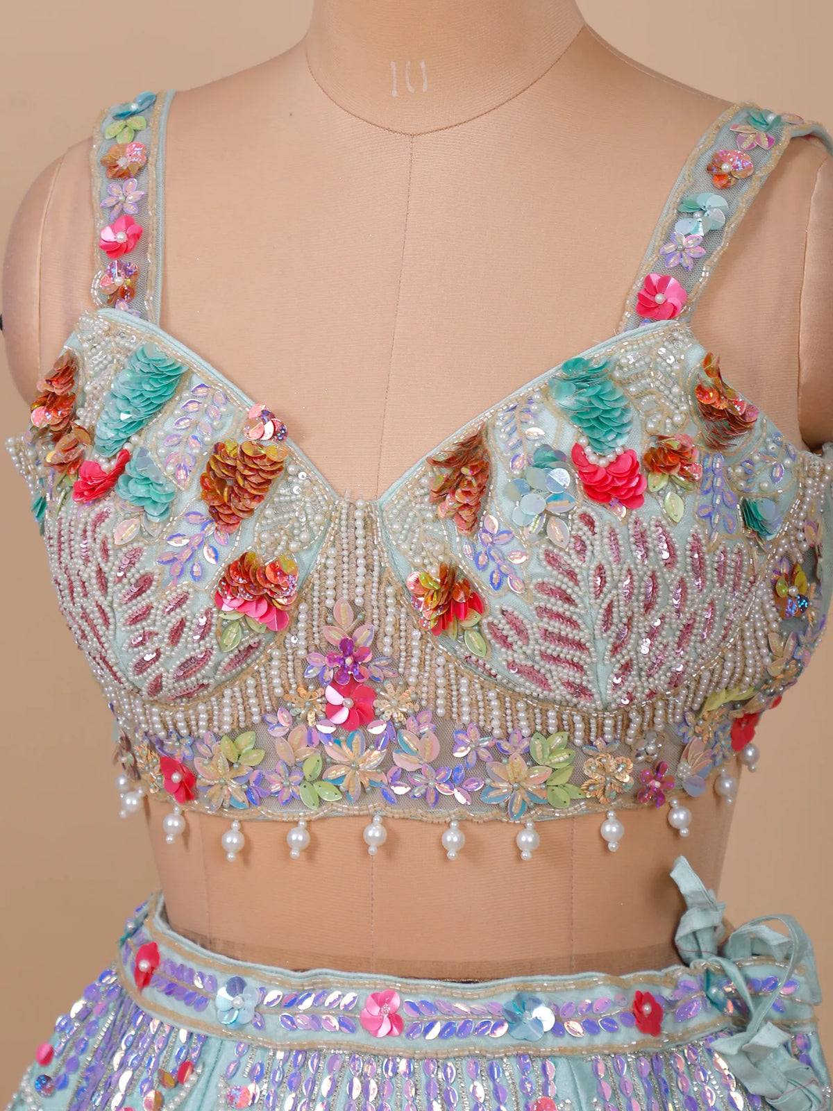 MyFashion KLS-2670 Silk Aplique Mirror Sequin Aqua Lehenga