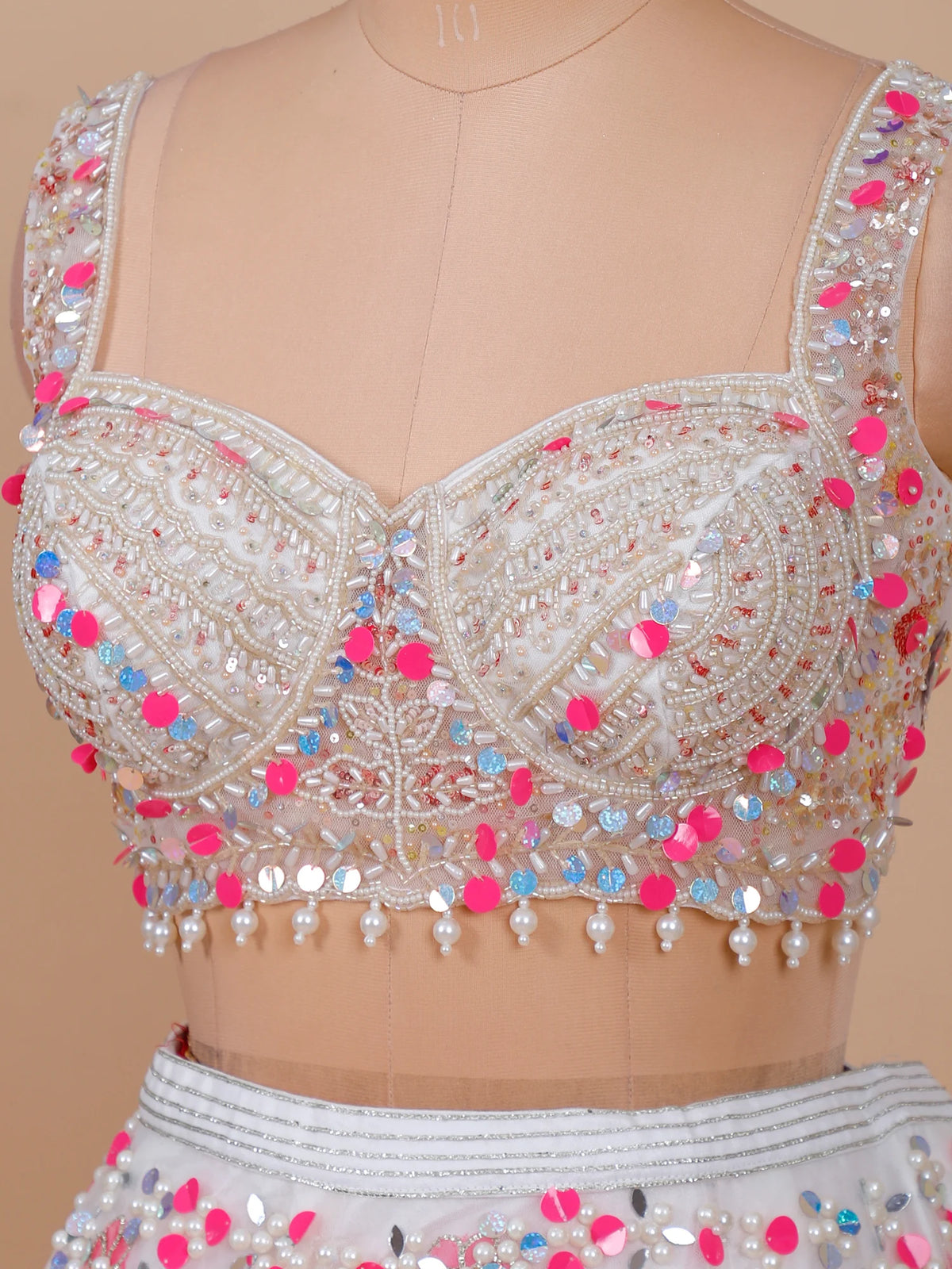 MyFashion KLS-2678 Soft White Net Lehenga with Pearl Mirror & Aplique Craft
