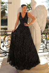 Clarisse -5105 Plunging V-Neck Sequined A-Line Gown