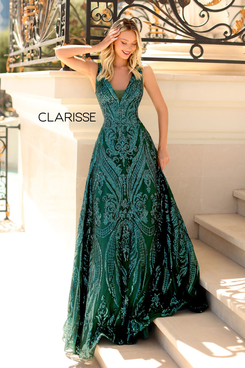 Clarisse -5105 Plunging V-Neck Sequined A-Line Gown