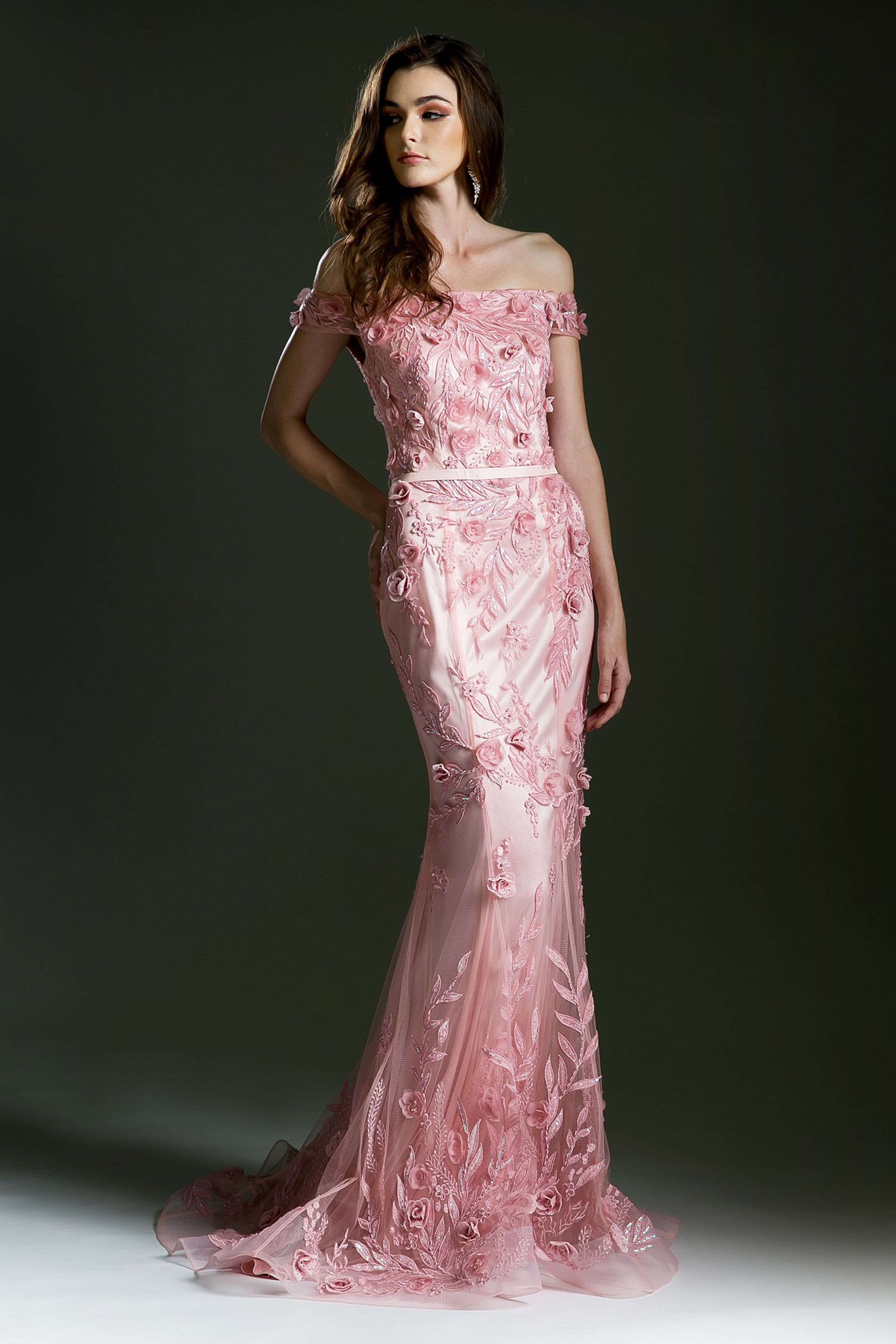 Cinderella Divine -5155 Lace Applique Off Shoulder Trumpet Dress