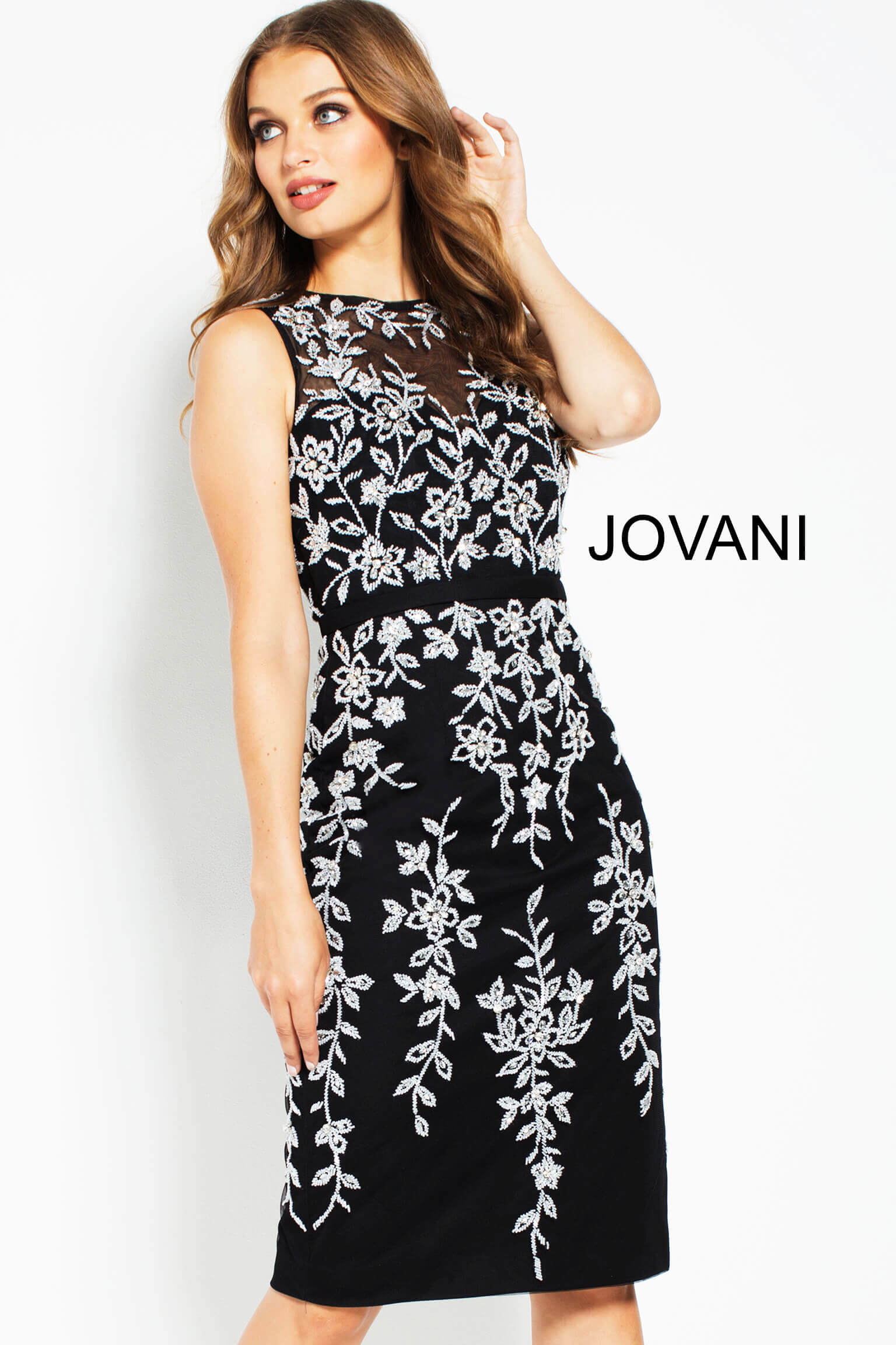 Jovani -54463 Floral Applique Sheath Knee Length Dress