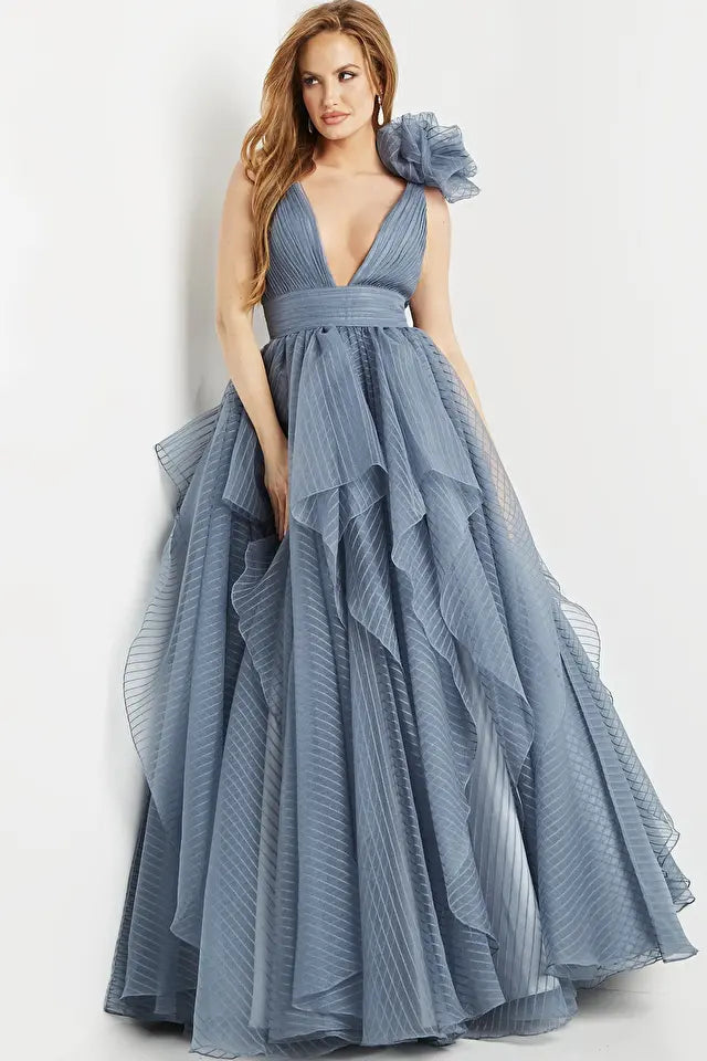 Jovani -55210 V-Neck Ruffle Ball Gown