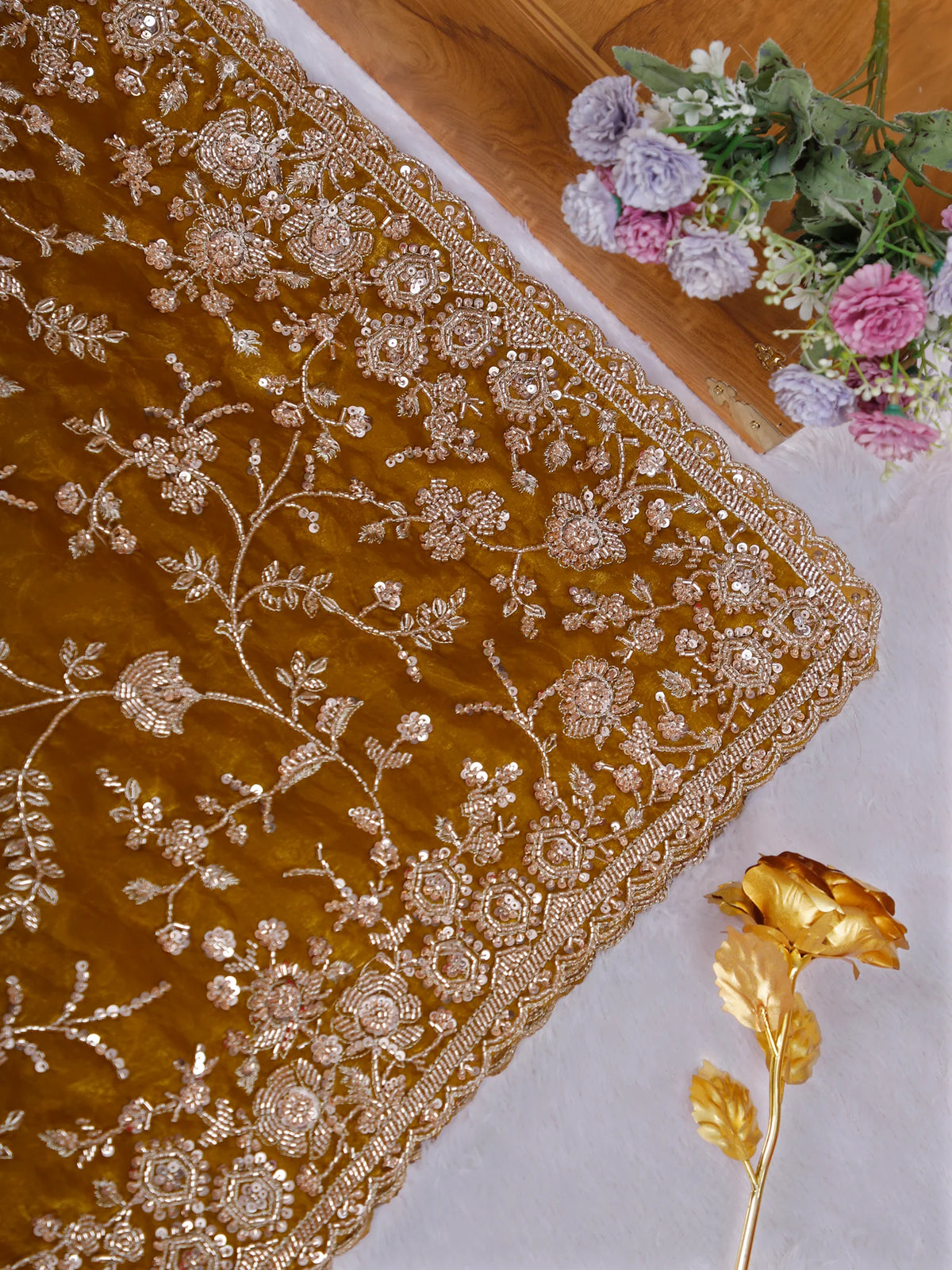 MyFashion KLS-2684 Sunset Alloy Mustard Bronze Tissue Saree With Beaded Finish