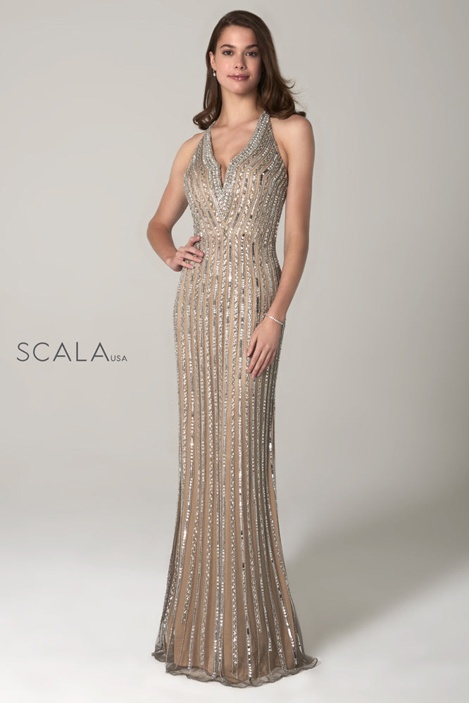 SCALA -60102 Beaded Halter V-Neck Long Dress