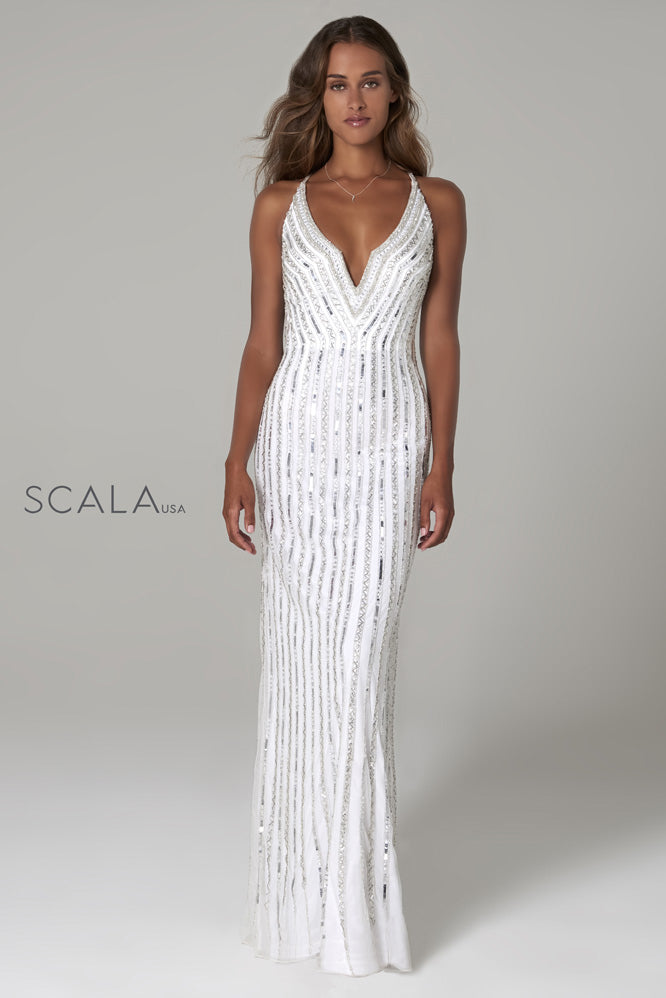 SCALA -60102 Beaded Halter V-Neck Long Dress