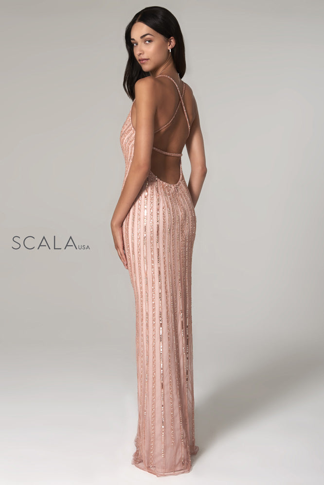 SCALA -60102 Beaded Halter V-Neck Long Dress