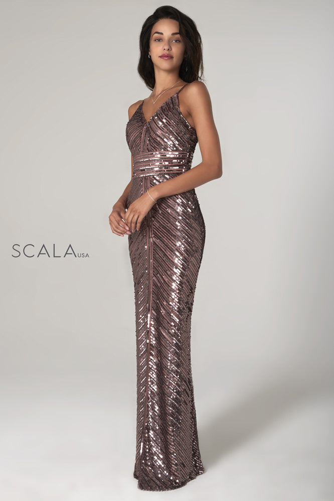 SCALA -60105 Sequin V-Neck Glitter Long Dress