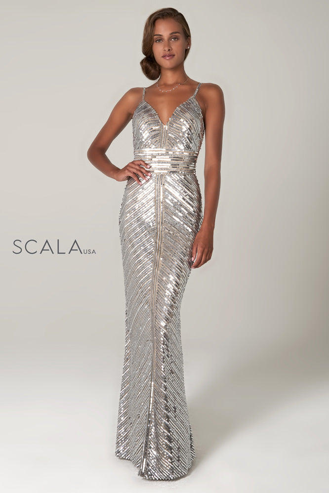 SCALA -60105 Sequin V-Neck Glitter Long Dress