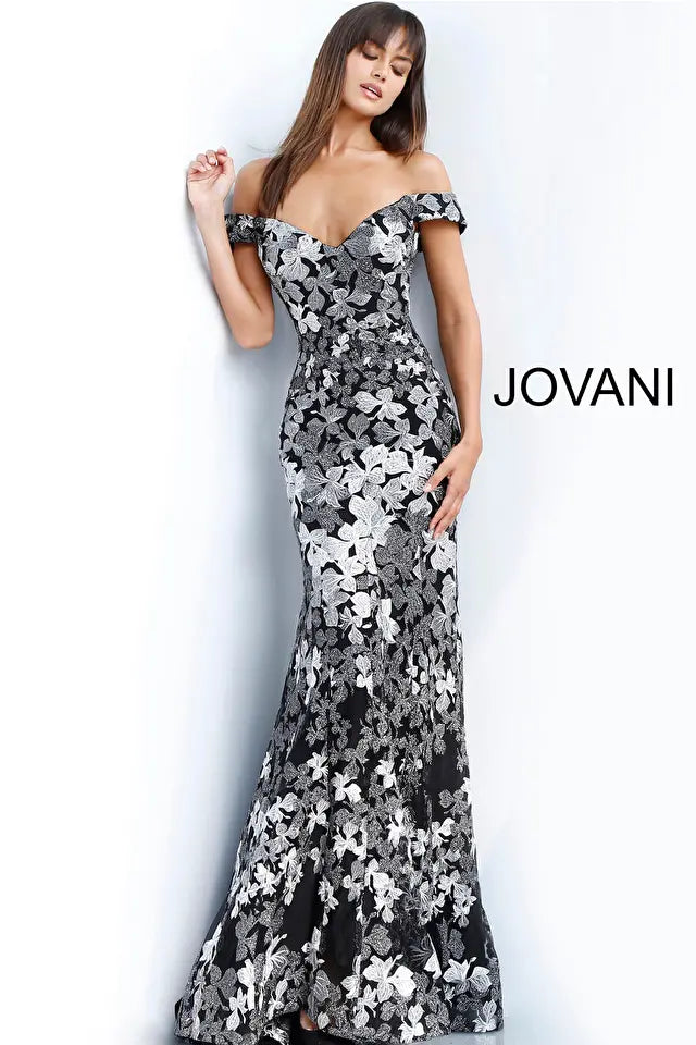 Jovani -61380 Floral Embroidered Off Shoulder Evening Dress