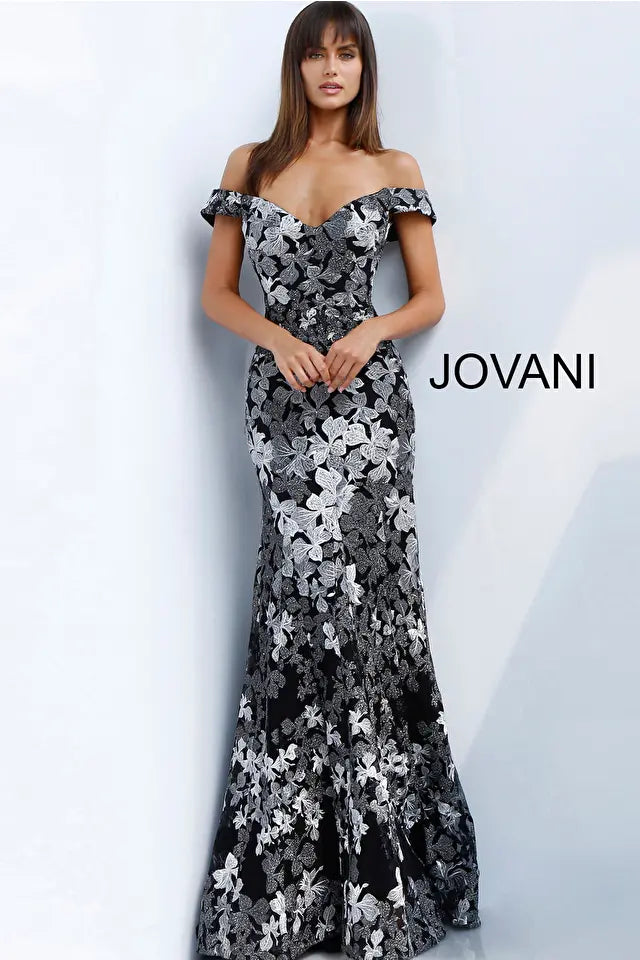 Jovani -61380 Floral Embroidered Off Shoulder Evening Dress