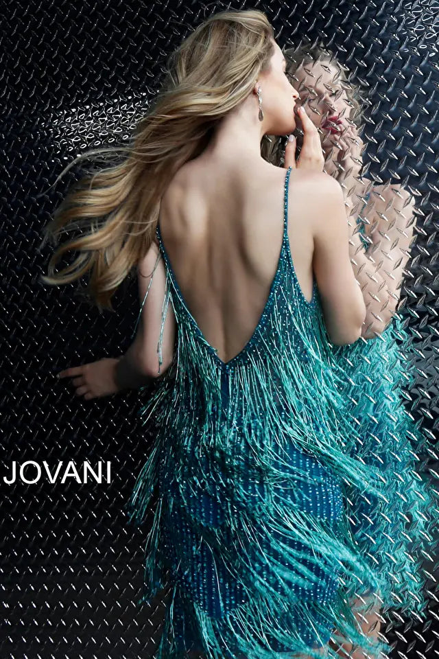 Jovani -61883 Fringe V-Neck Short Cocktail Dress