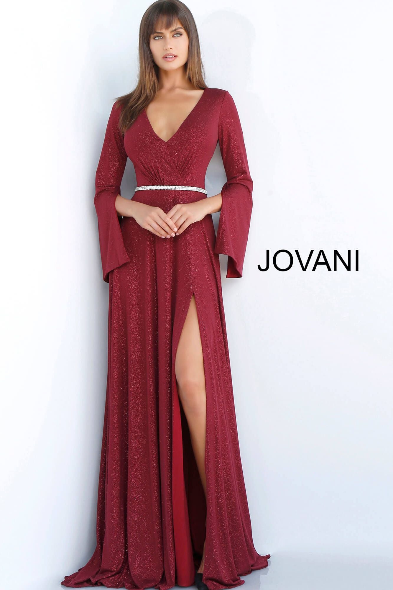 Jovani -63124 V-Neck Glitter A-Line Dress