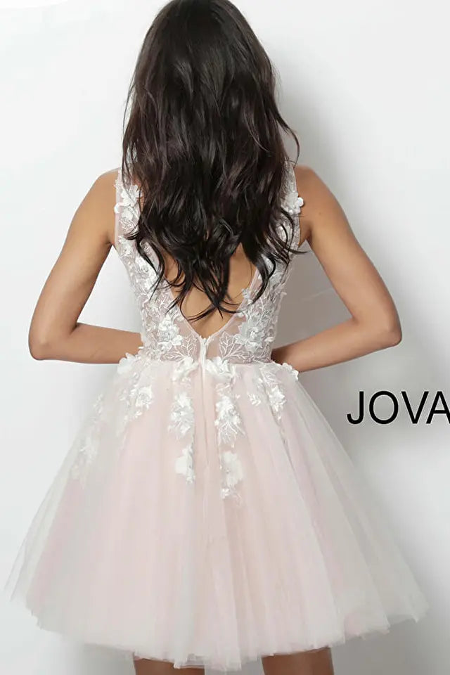 Jovani -63987 Floral Applique V-Neck Short Cocktail Dress