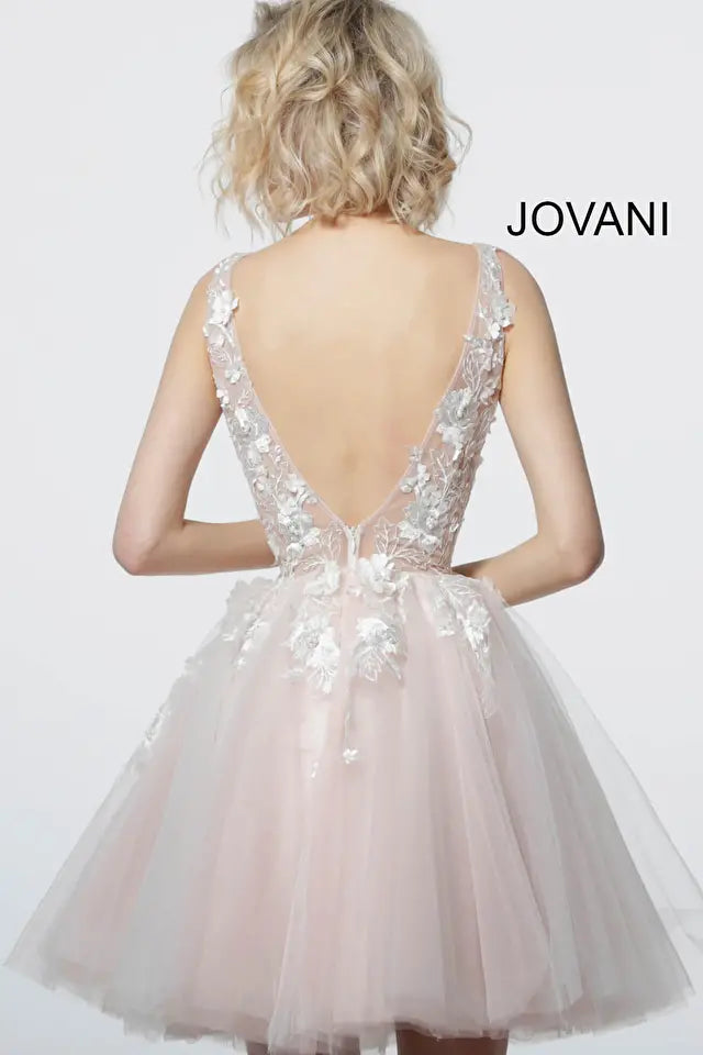 Jovani -63987 Floral Applique V-Neck Short Cocktail Dress