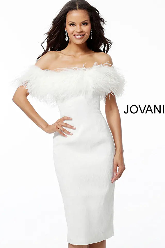 Jovani -67118 Off Shoulder Feather Neck Knee Length Dress