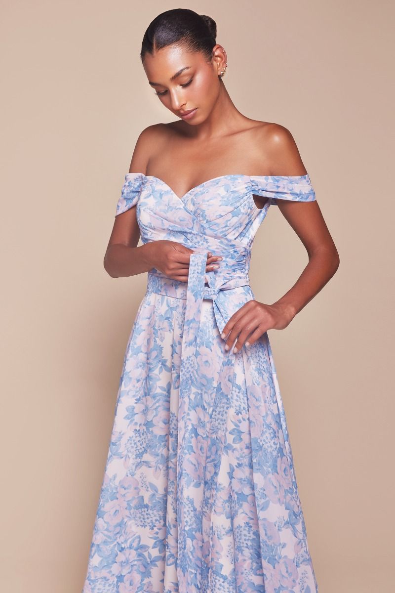 Cinderella Divine -7441 Off Shoulder Floral Printed A-Line Dress