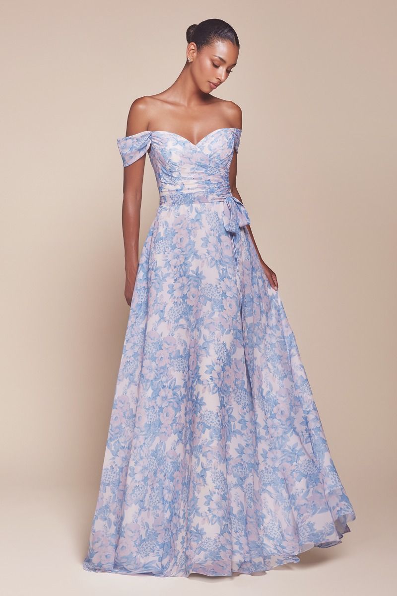 Cinderella Divine -7441 Off Shoulder Floral Printed A-Line Dress