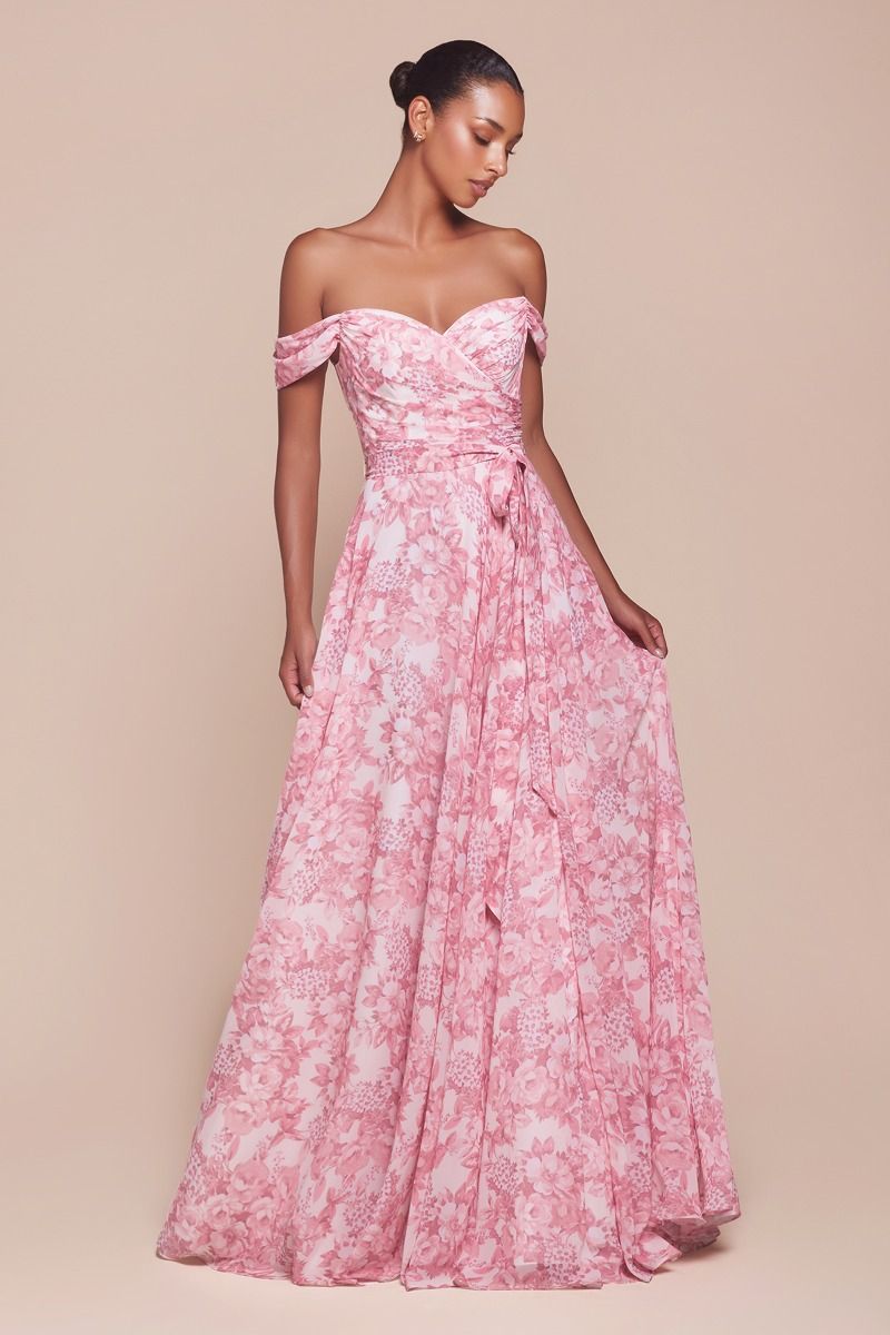 Cinderella Divine -7441 Off Shoulder Floral Printed A-Line Dress