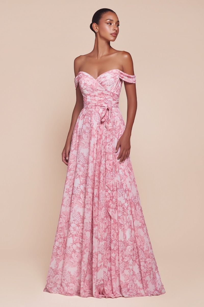 Cinderella Divine -7441 Off Shoulder Floral Printed A-Line Dress