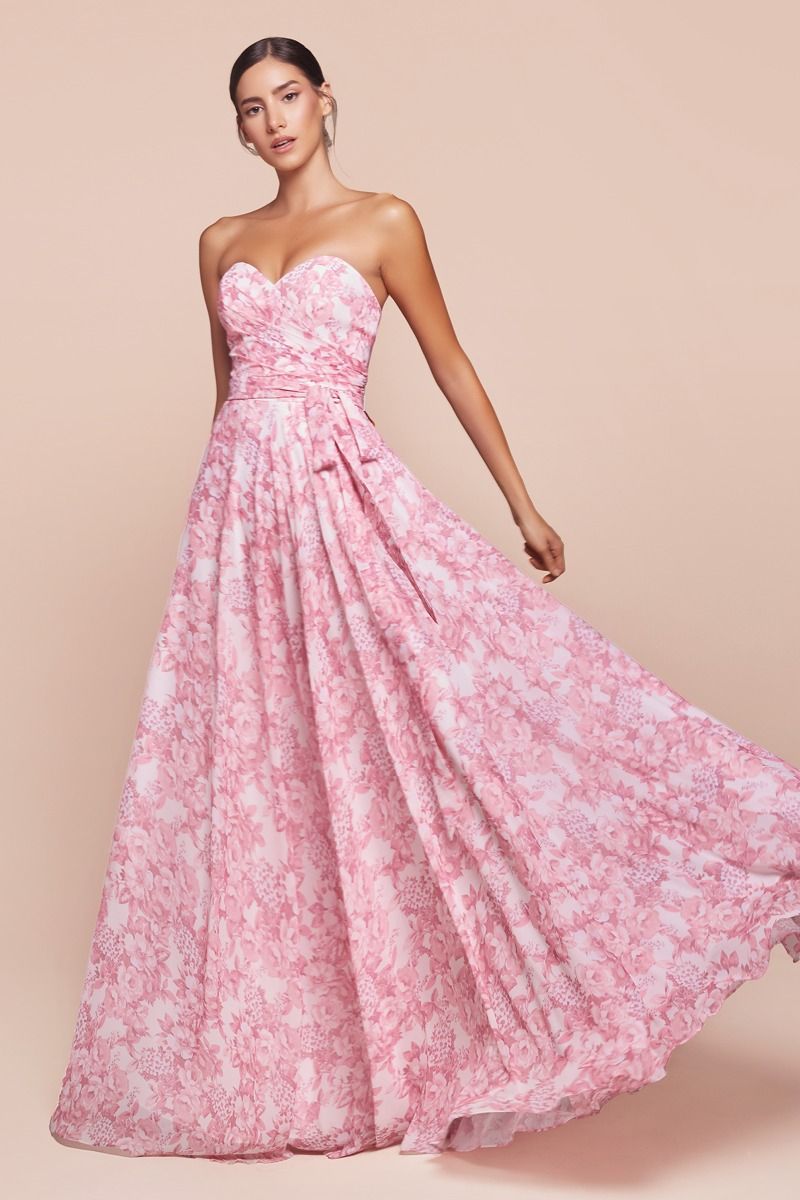 Cinderella Divine -7443 Strapless Floral Printed A-Line Dress