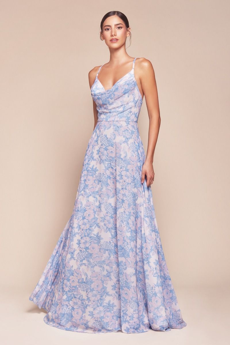 Cinderella Divine -7444 V-Neck Satin Printed A-Line Dress