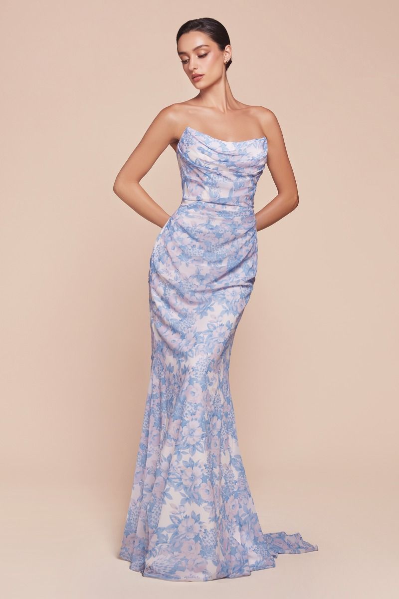 Cinderella Divine -7445 Strapless Floral Printed Sheath Dress