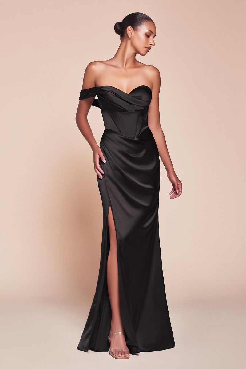 Cinderella Divine -7448 One Shoulder Corset Satin Sheath Dress